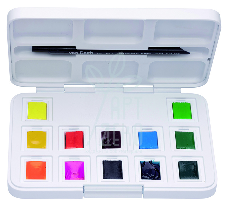 Набір акварельних фарб Van Gogh Pocket box Vibrant Colours, 12 кювет+пензлик, пластик, Royal Talen