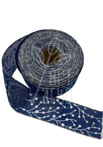 Стрічка бавовняна з принтом, "Гілочка", синя, 6,3 см