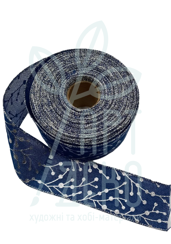 Стрічка бавовняна з принтом, "Гілочка", синя, 6,3 см