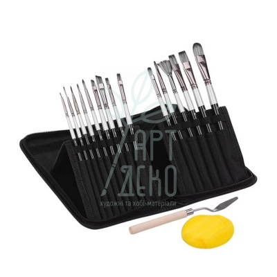 Набір пензлів Синтетика, в пеналі, + мастихін, спонж, 15 шт, Monet