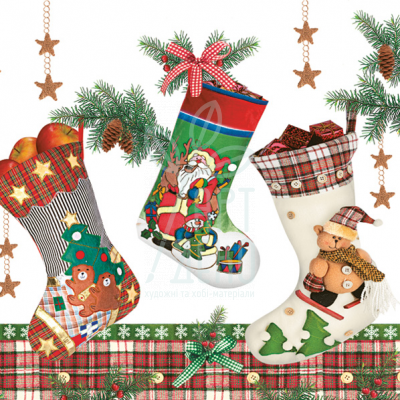 Серветка для декупажу "Новорічні шкарпетки з подарунками", 33х33 см, POL-MAK