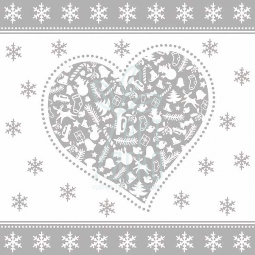 Серветка для декупажу "Різдвяне серце (срібло)", 33х33 см, Нідерланди