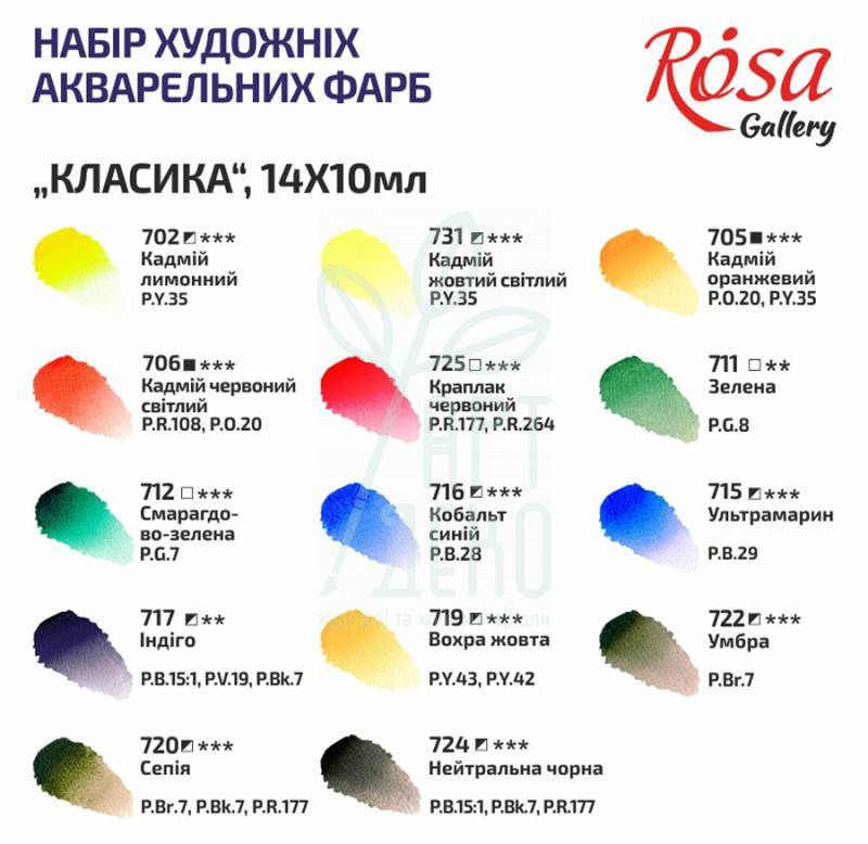 Набір акварельних фарб Gallery Classic, дерев'яний пенал, туби, 14х10 мл, ROSA