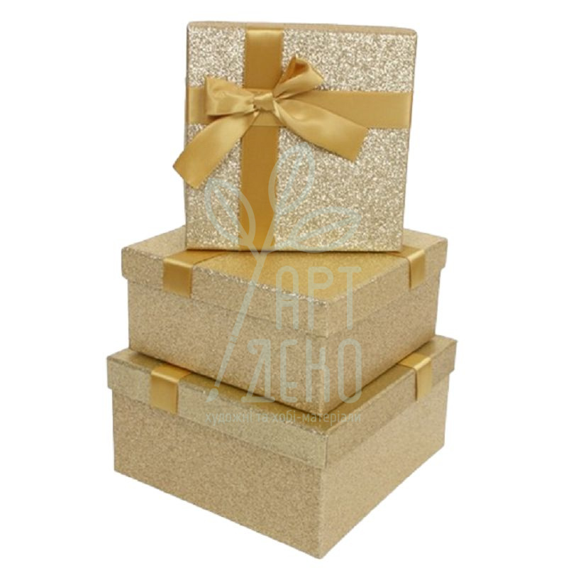 Коробка подарункова глітерна з бантом, золота, Україна