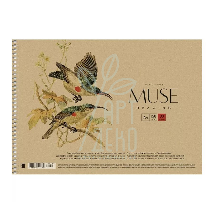 Альбом для малювання MUSE, спіраль, А4 (21х29,7 см), 150 г/м2, 30 л., Школярик