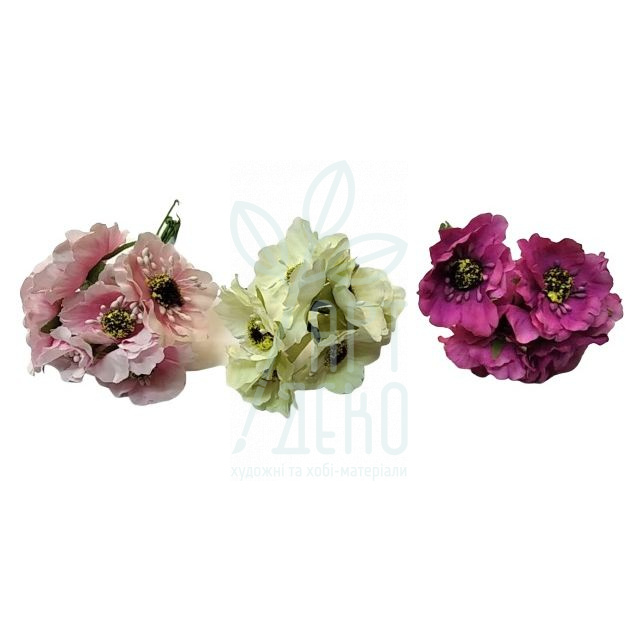 Набір квітів з тканини "Анемони", великі, 6 шт, кольори в асортименті