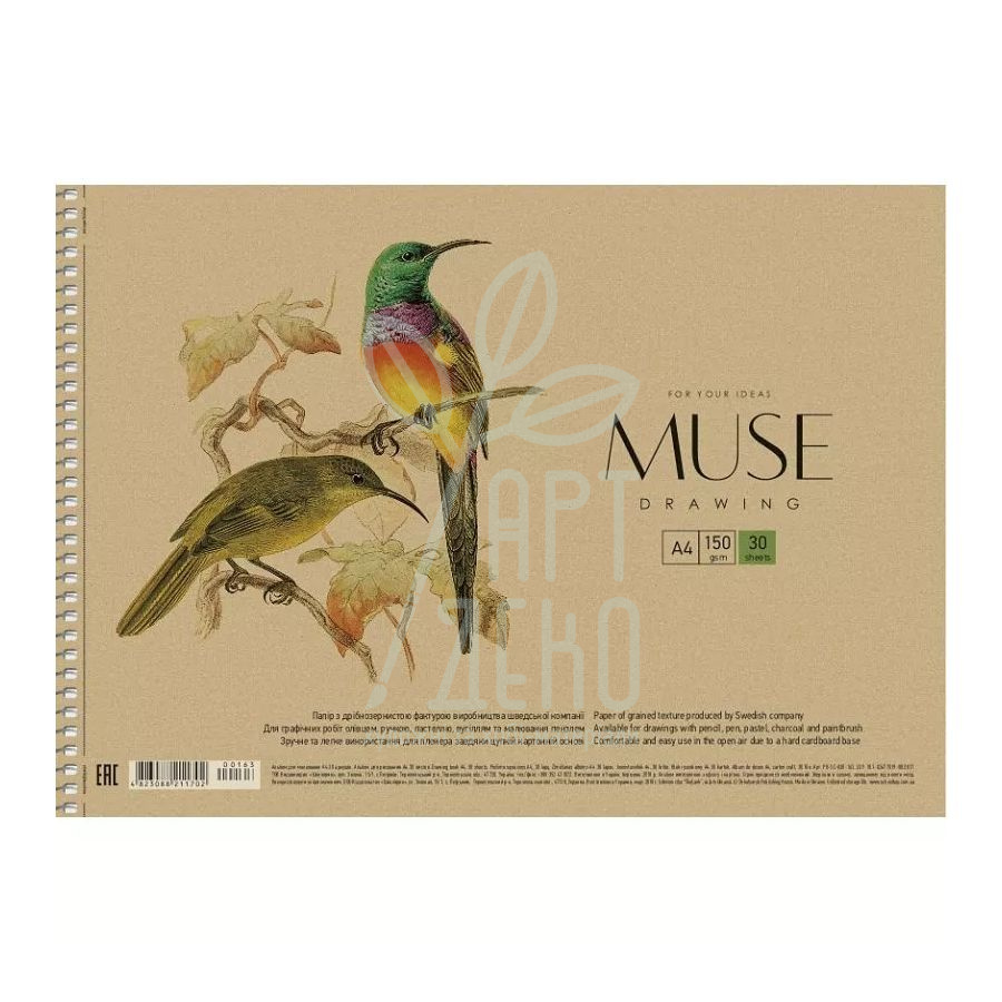 Альбом для малювання MUSE, спіраль, А4 (21х29,7 см), 150 г/м2, 30 л., Школярик