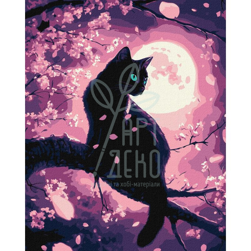 Набір для розпису за номерами "Чарівний кіт серед сакури", металiк, 40х50 см, Ідейка