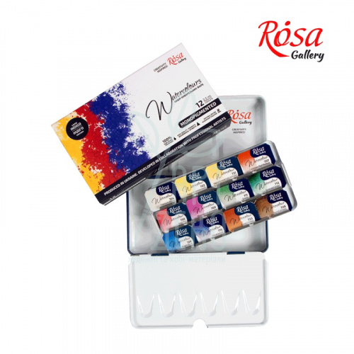 Набір акварельних фарб Gallery "Мonopigmented", в металевому пеналі Індиго, кювети,12 кол., ROSA