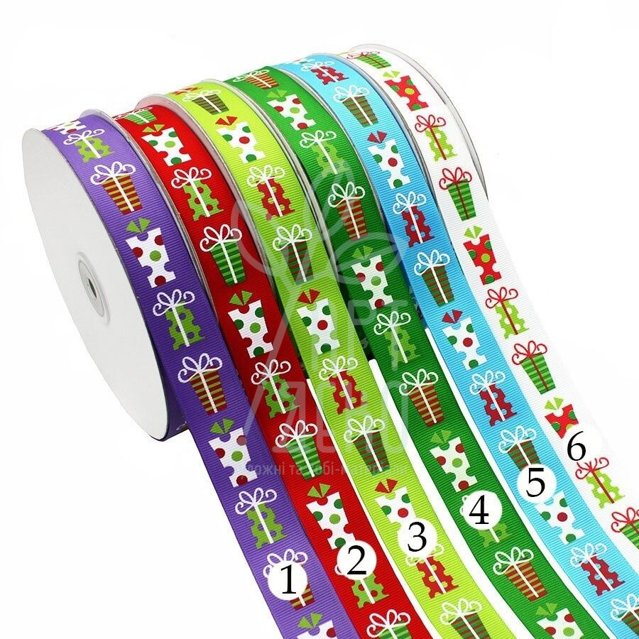 Стрічка репсова з принтом "Подарунки", 9 мм