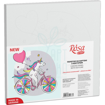 Полотно на картоні з контуром "Єдиноріжка на велосипеді", 20х20 см, бавовна, акрил, ROSA START