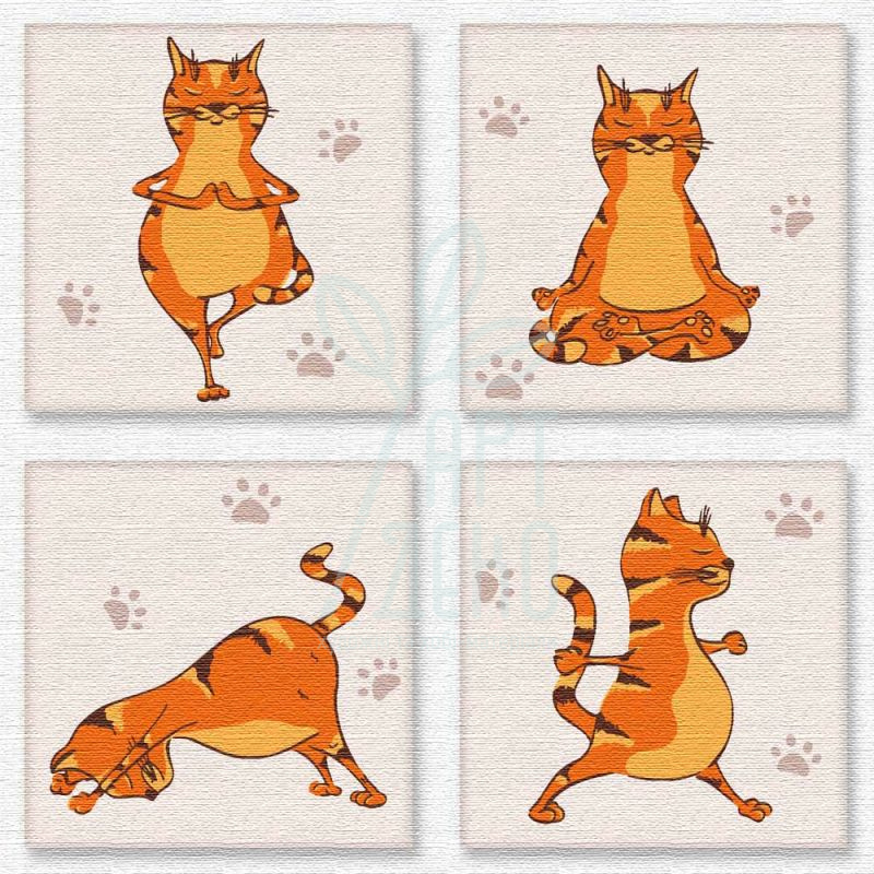 Набір для розпису за номерами поліптих "Yoga cat", 18х18 см, 4 шт., Ідейка