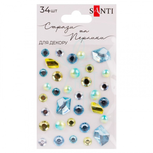 Набір страз та перлин самоклеючих Mix, блакитні/жовті, 34 шт, Santi