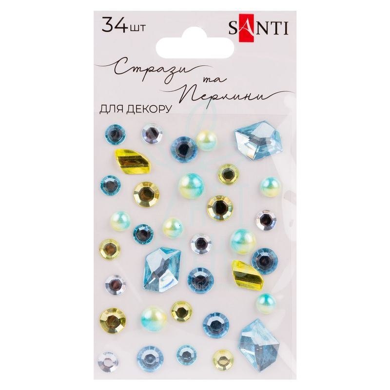 Набір страз та перлин самоклеючих Mix, блакитні/жовті, 34 шт, Santi