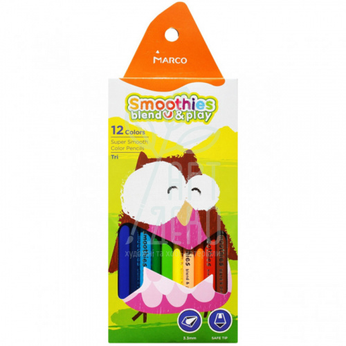 Набір олівців кольорових Smoothies b&p, суперм'які, тригранні, 12 шт, Marco