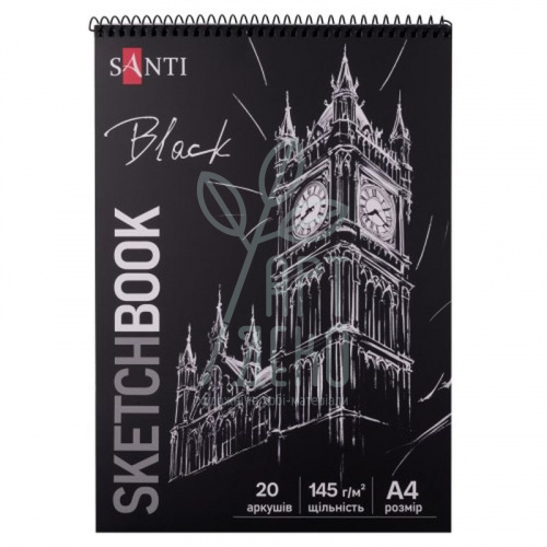 Скетчбук для графіки, чорний папір, спіраль, А4 (21х29,7 см), 145 г/м2, 20 л., Santi