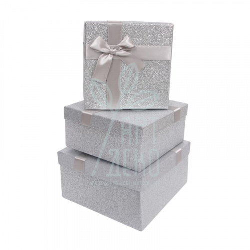 Коробка подарункова глітерна з бантом, срібна, Україна