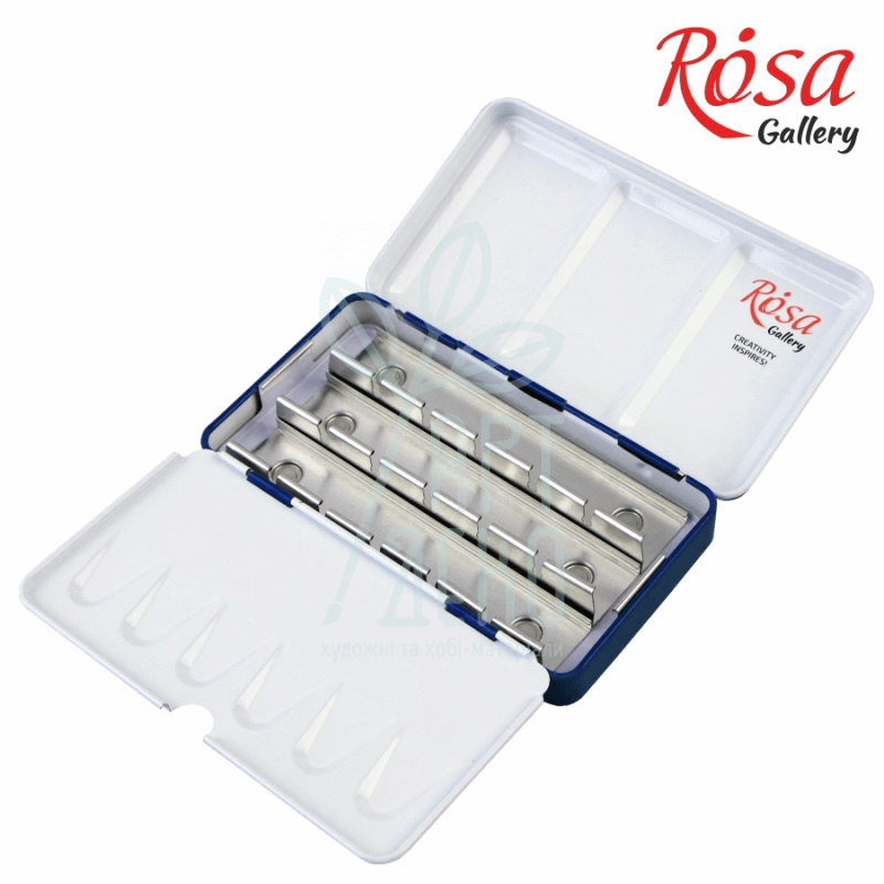Пенал для акварельних фарб, металевий Індиго, 12 кювет, ROSA Gallery