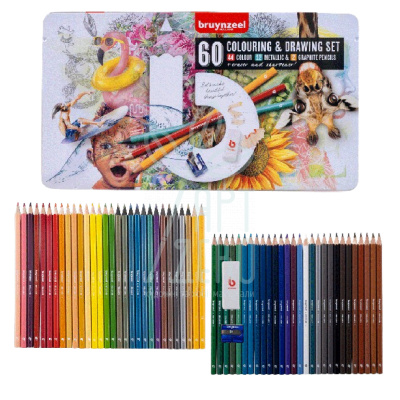 Набір олівців кольорових Creative Artists, + гумка, точилка, в металевій коробці, 58 шт, Bruynzeel