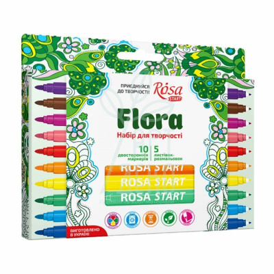 Набір двосторонніх маркерів з листівками "Flora", 10 шт, ROSA START