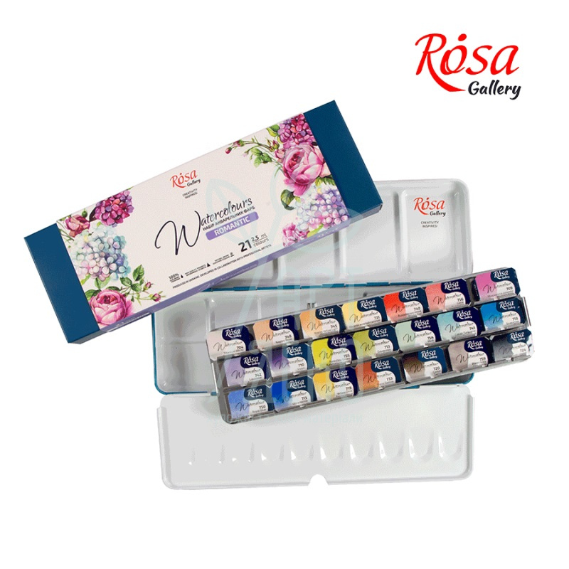 Набір акварельних фарб Gallery "Romantic", в металевому пеналі Бірюза, кювети, 21 кол., ROSA