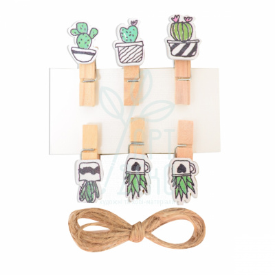 Набір прищіпок декоративних дерев'яних "Fashion cacti", 3,5 см, 6 шт., Santi