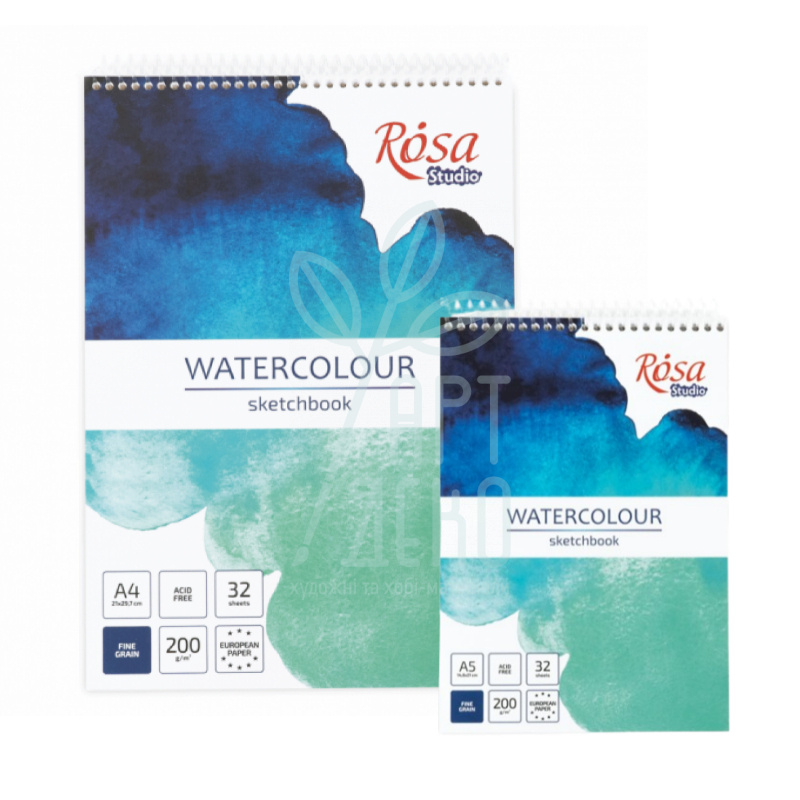 Скетчбук для акварелі Studio, спіраль, Бірюзовий, 200 г/м2, 32 л., ROSA
