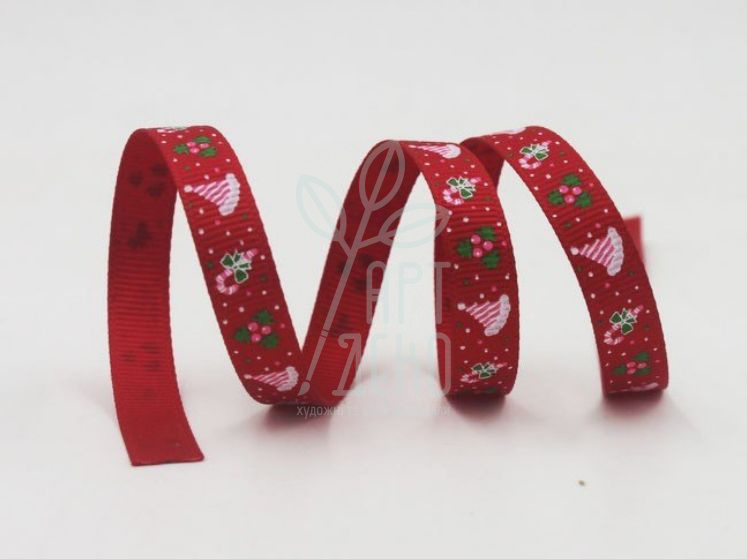 Стрічка репсова з принтом "Новий Рік". червона, 9 мм 