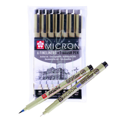 Набір лайнерів Pigma Micron, 6 шт + Pigma Brush у подарунок, Sakura