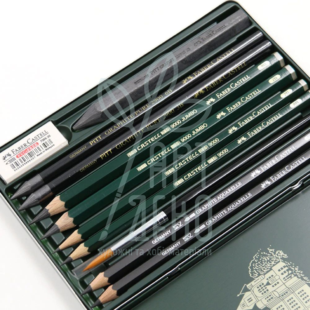 Набір олівців для рисунку PITT Monochrome Graphite, в металевій коробці, 11 предметів, Faber-Castell