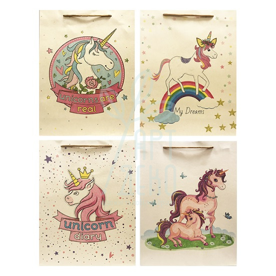 Пакет подарунковий з крафт-паперу, серія "Єдиноріг", 23х18х8 см, Україна