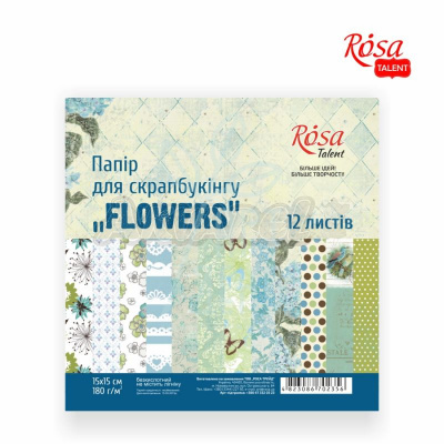 Набір паперу для скрапбукінгу "FLOWERS", 15х15 см, 180 г/м2, 12 л., ROSA Talent
