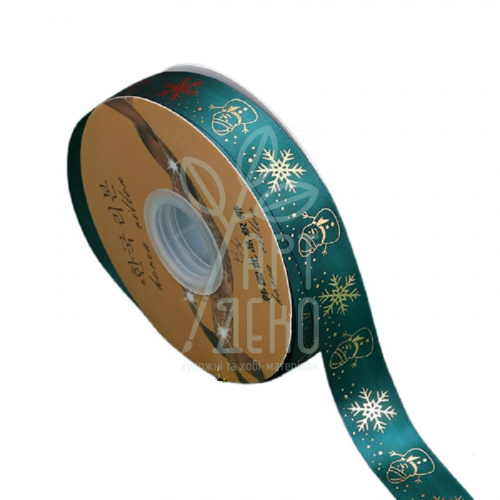 Стрічка атласна з принтом "Сніжинки, сніговики", зелена, 2,5 см, Китай