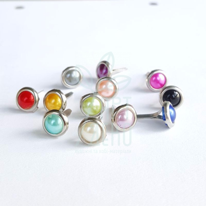Набір брадсів металевих з перлинками, 8 мм, кольори в асортименті, 5 шт.