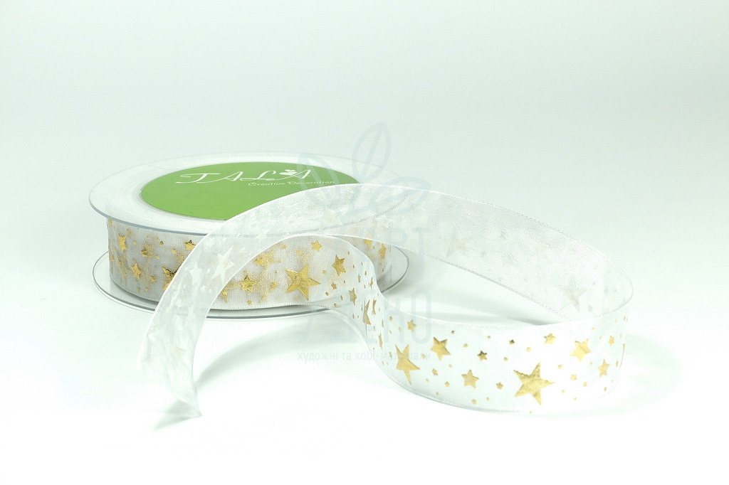 Стрічка органза з принтом "Зірочки", біла, 25 мм