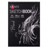 Скетчбук для графіки, чорний папір, спіраль, А5 (14,8х21 см), 145 г/м2, 30 л., Santi