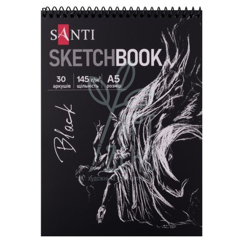 Скетчбук для графіки, чорний папір, спіраль, А5 (14,8х21 см), 145 г/м2, 30 л., Santi