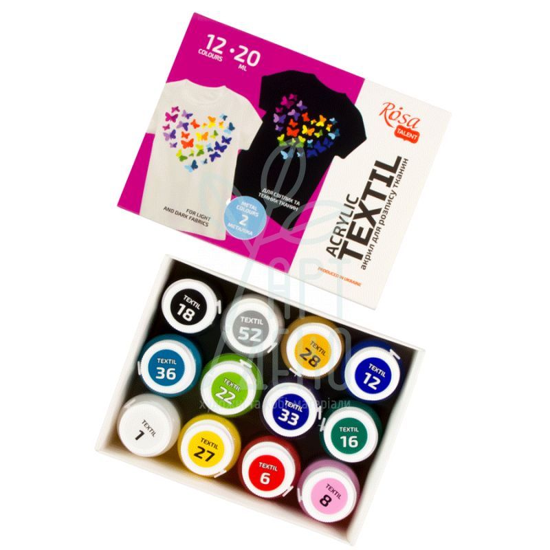 Набір фарб акрилових для тканини Heart, 12х20 мл, + 2 металіка, ROSA Talent