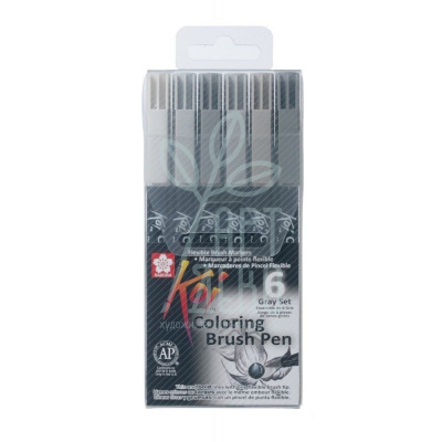 Набір маркерів-пензлів акварельних KOI Coloring Brush Pen, Grey, 6 шт, Sakura
