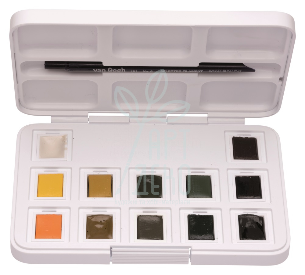 Набір акварельних фарб Van Gogh Pocket box Shades of nature, кювети+пензлик, 12 кол., Royal Talens