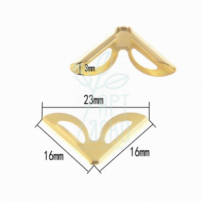 Кутик металевий декоративний, з отворами, 16х16х23 мм, золото, Китай