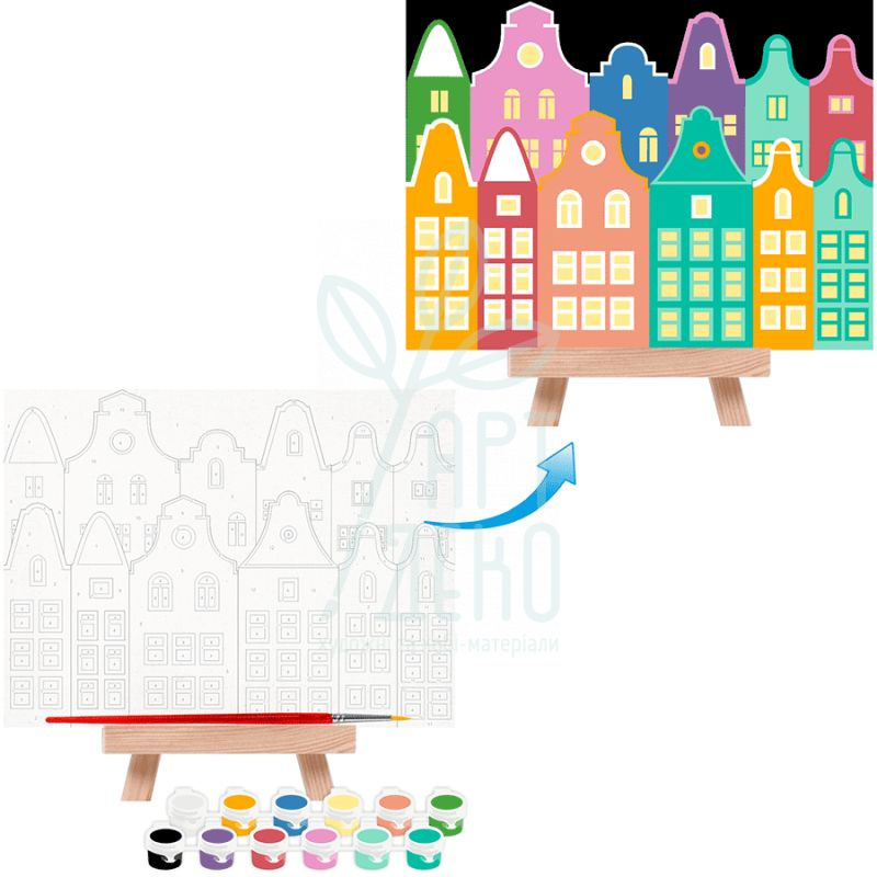 Набір для розпису за номерами "Яскраві будиночки", 15х20 см, з мольбертом, ROSA Start