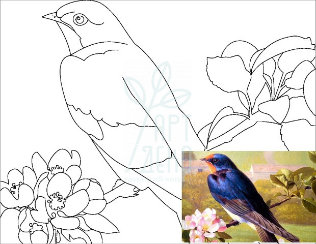 Полотно на картоні з контуром Птахи №5, 25х35 см, бавовна, акрил, ТМ ''Етюд''