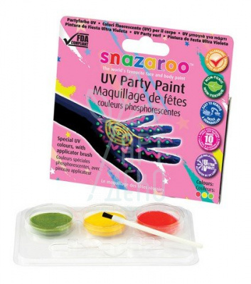 Набір фарб для гриму UV Party Paint, 3 кольори по 2 мл, + пензлик, Snazaroo