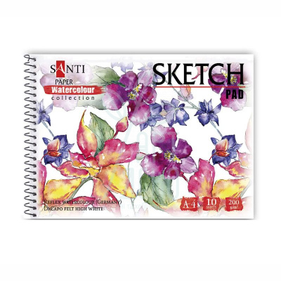 Альбом для акварелі Watercolour Collection "Flowers", спіраль, А4, 200 г/м2, 10 л., Santi